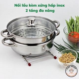 Nồi lẩu inox, Nồi lẩu 2 tầng đa năng 28cm kèm xửng hấp