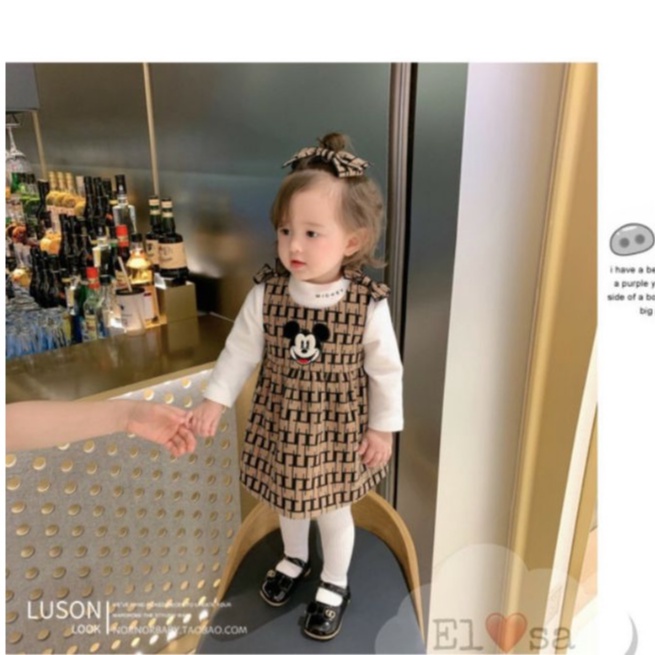 Váy nhung micky đeo nơ kèm áo cotton 4 chiều cho bé gái siêu xinh 1-5 tuổi