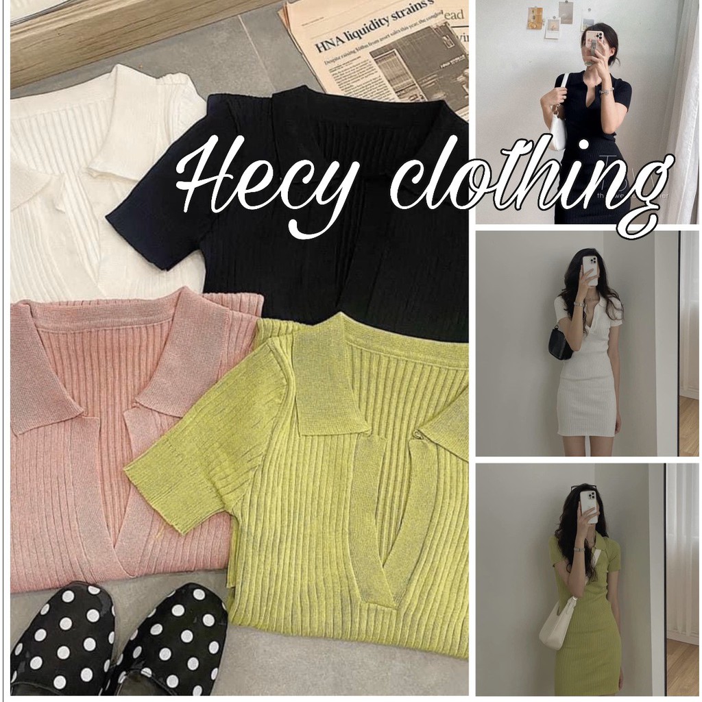 Váy Thun Tăm Cộc Tay Polo Cổ V Nữ - Hecy.Clothing [FREESHIP] - Đầm dáng ngắn ôm body cổ tim tay lỡ thiết kế cá tính