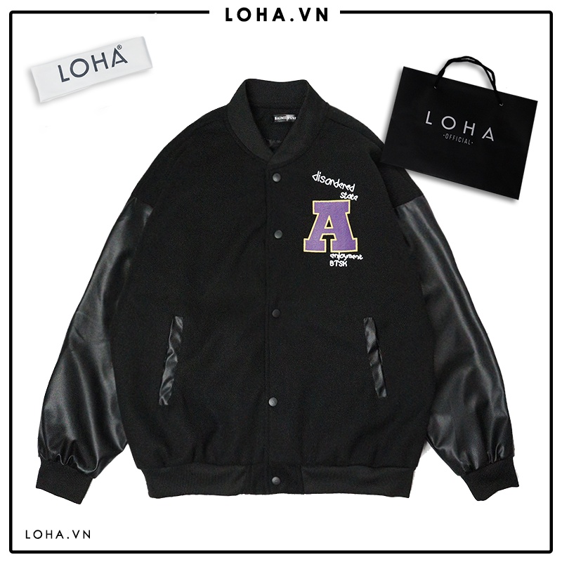 Áo khoác varsity bomber A chất dạ tay da in chữ dáng basic unisex cho nam nữ thời trang LOHA