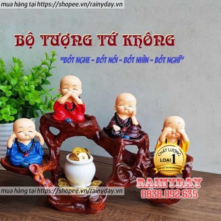 Bộ 4 tượng chú tiểu bốn hòa thượng tứ không mini để bàn làm việc đẹp bằng sứ an lạc