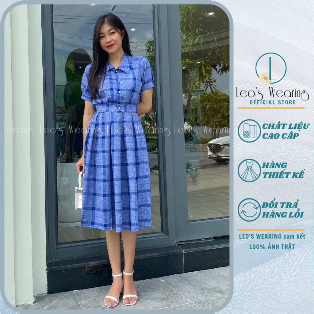 Set công sở nữ chân váy xòe mix áo sơ mi tay ngắn kẻ caro LEOSWEARING S81
