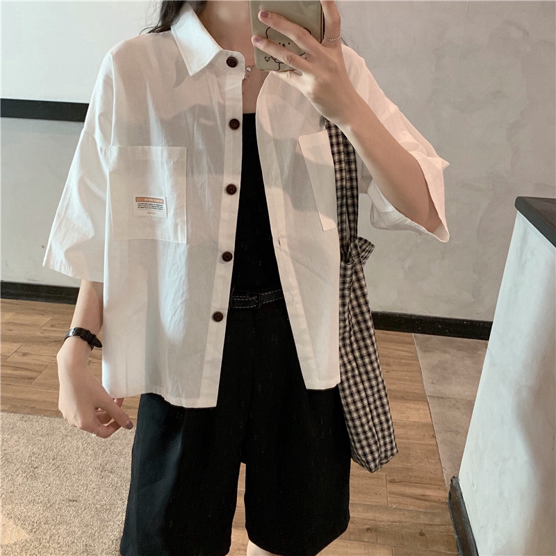 SUXI Áo Sơ Mi Thiết Kế Tay Ngắn Dáng Rộng Kiểu Cách Retro Cho Nữ