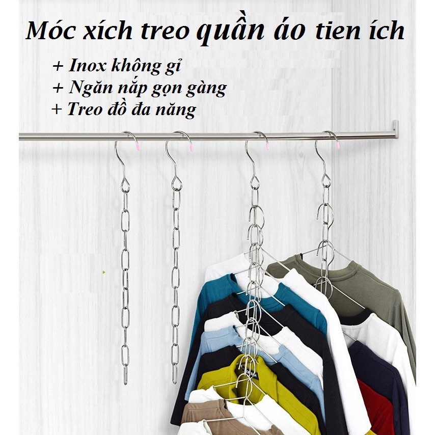 Móc Xích Quần Áo Inox 304 10 Lỗ, Dây Xích Treo Móc Quần Áo Thông Minh Tiết Kiệm Diện Tích