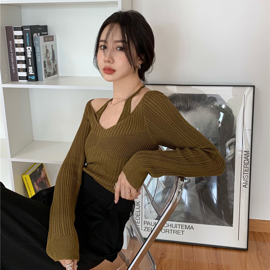 Áo len tay dài cổ chữ V màu sắc thời trang cho nữ