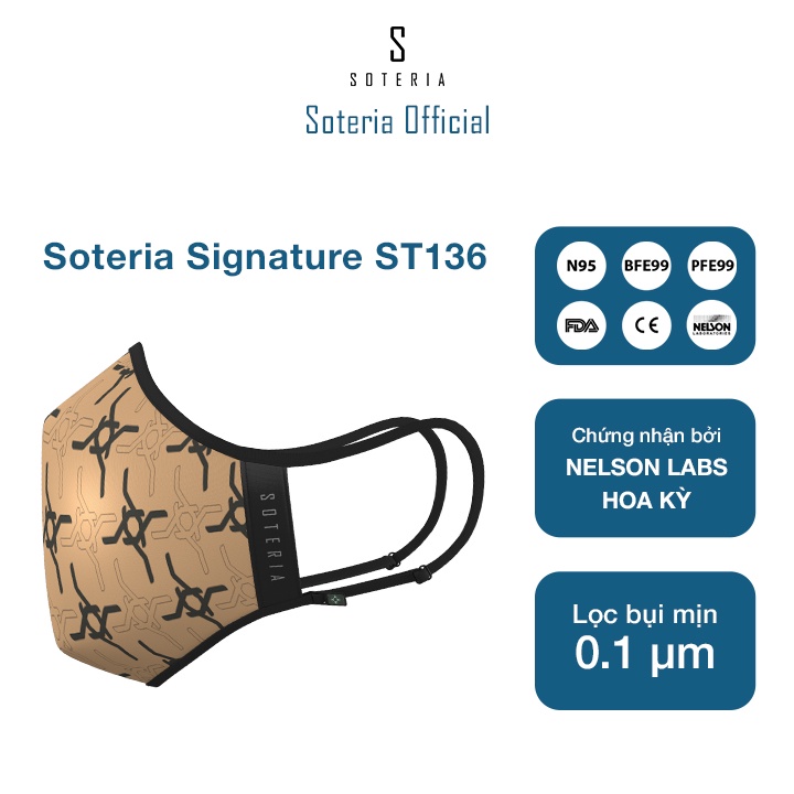 Khẩu trang tiêu chuẩn Quốc Tế SOTERIA Signature ST138 - Bộ lọc N95 BFE PFE 99 lọc đến 99% bụi mịn 0.1 micro- Size S,M,L