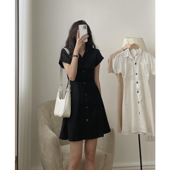 [Ảnh thật/Sẵn]Váy đũi linen chiết eo túi ngực cúc gỗ/Đầm linen cổ đức cúc gỗ | BigBuy360 - bigbuy360.vn