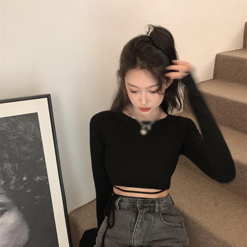 Áo thun crop top tay dài cổ tròn màu trơn đơn giản phong cách Hàn Quốc thời trang cho nữ