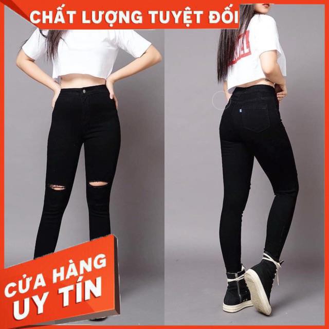 Quần skinny jeans đen trơn và rách gối- hình thật shop chụp