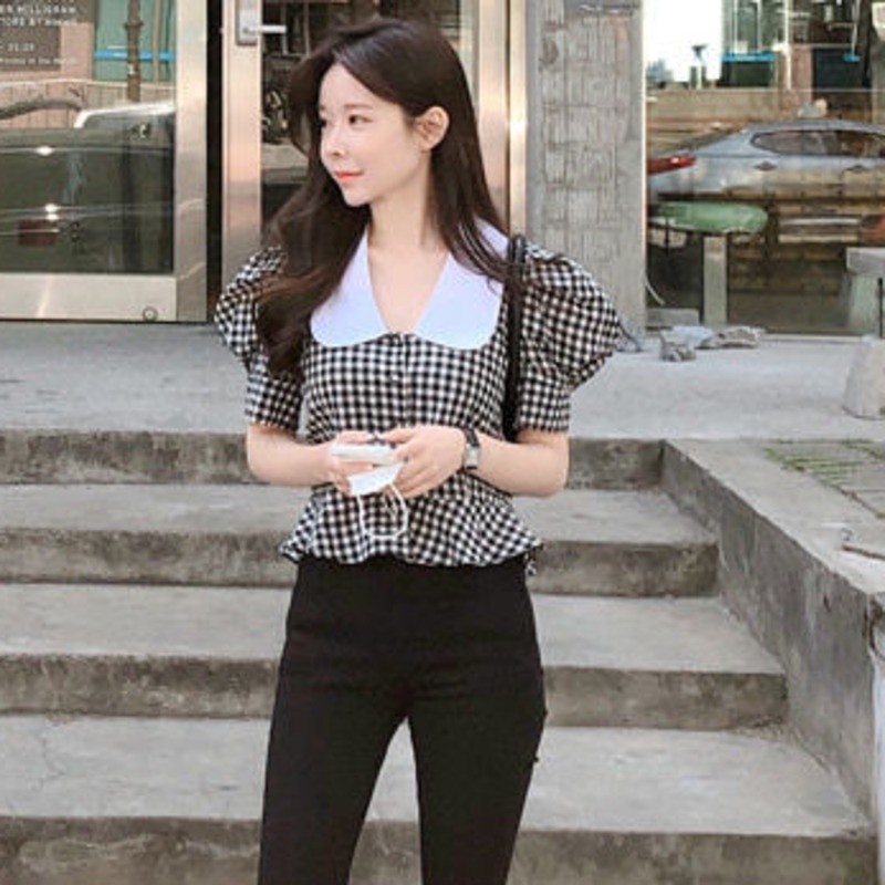 Áo Sơ Mi Ngắn Tay Họa Tiết Sọc Caro Trắng Đen Phong Cách Cổ Điển 156632 Áo Sơ Mi Cổ Búp Bê Phong Cách Phương Tây Xinh Xắn Cho Nữ