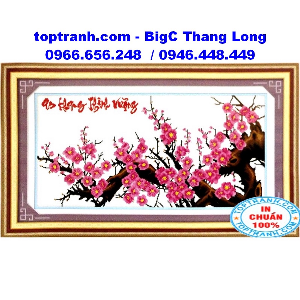 Tranh thêu chữ thập cành hoa đào hồng An khang thịnh vượng X0128 chưa thêu