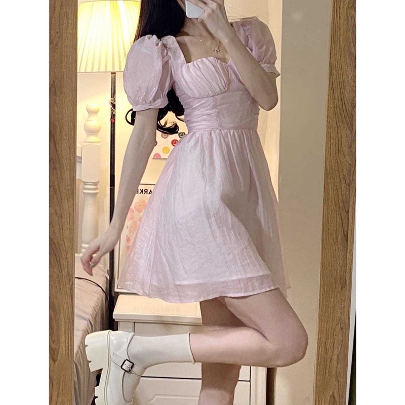 Váy Tiểu Thư Cổ Vuông Dáng Xoè , Đầm Bánh Bèo Dự Tiệc Màu Hồng Siêu Xinh