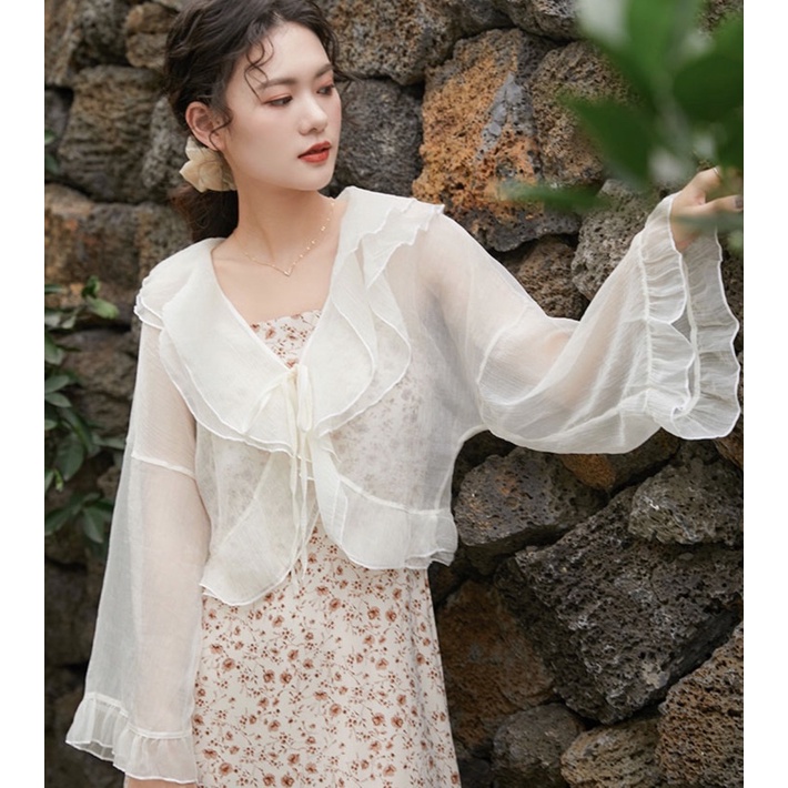 Áo khoác ren mỏng cardigan bốn mùa phong cách bohochic kiểu Hàn dịu dàng lenvintage