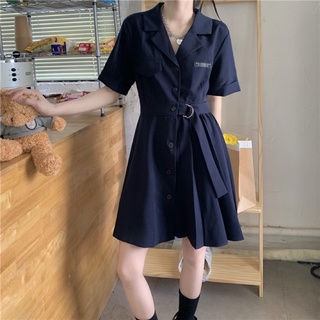 Váy sơ mi dáng xoè cổ bẻ dạng blazer có thắt eo