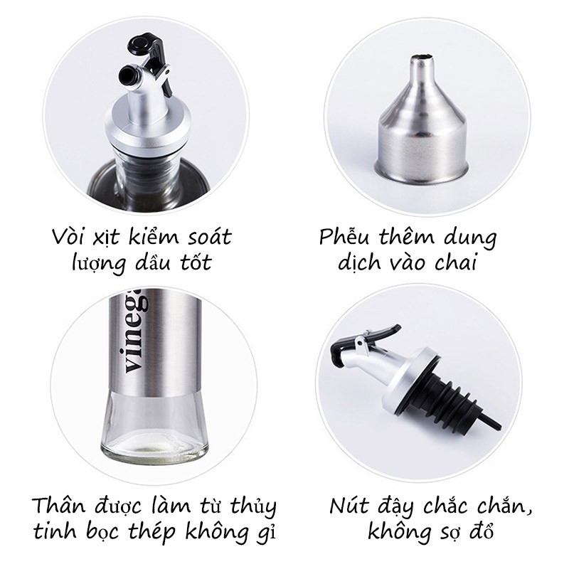 Chai Đựng Dầu Ăn, Nước Mắm, Đựng Gia Vị Bằng Thủy Tinh Bọc Inox 300ml 🎀HÀNG CAO CẤP🎀 Chiết Dầu Dễ Dàng Chỉ Một Thao Tác