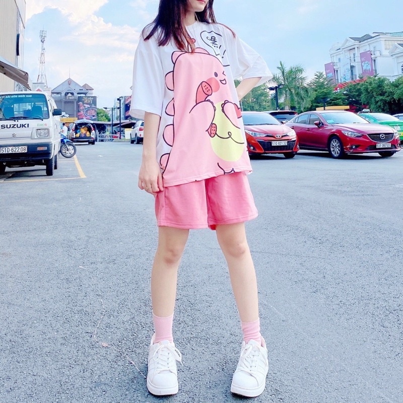 ĐỒ BỘ HOẠT HÌNH UNISEX KHỦNG LONG OVERSIZE ÁO THUN FROM RỘNG quần đùi