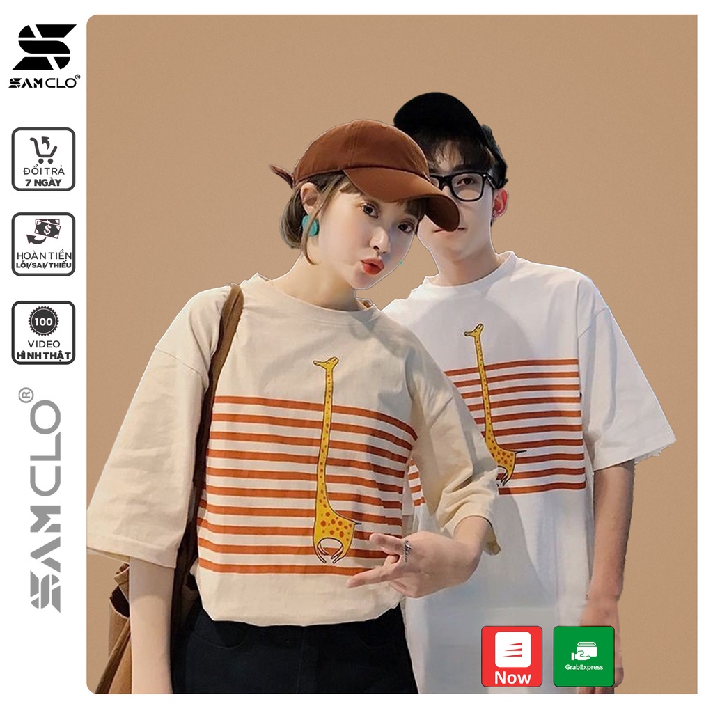Áo thun tay lỡ nữ freesize phông form rộng dáng Unisex - Ulzzang mặc cặp, nhóm, lớp sọc in hình HƯƠU CAO CỔ