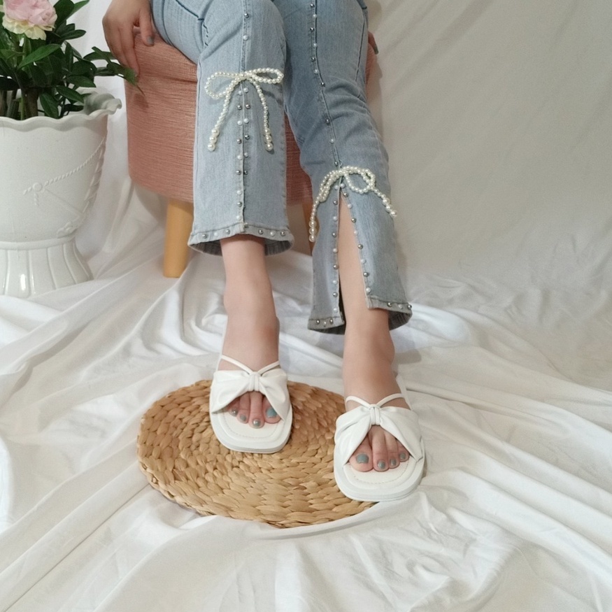 Dép nữ đế bánh mì nơ phồng màu trắng phong cách tiểu thư sành điệu hình thật-BMN