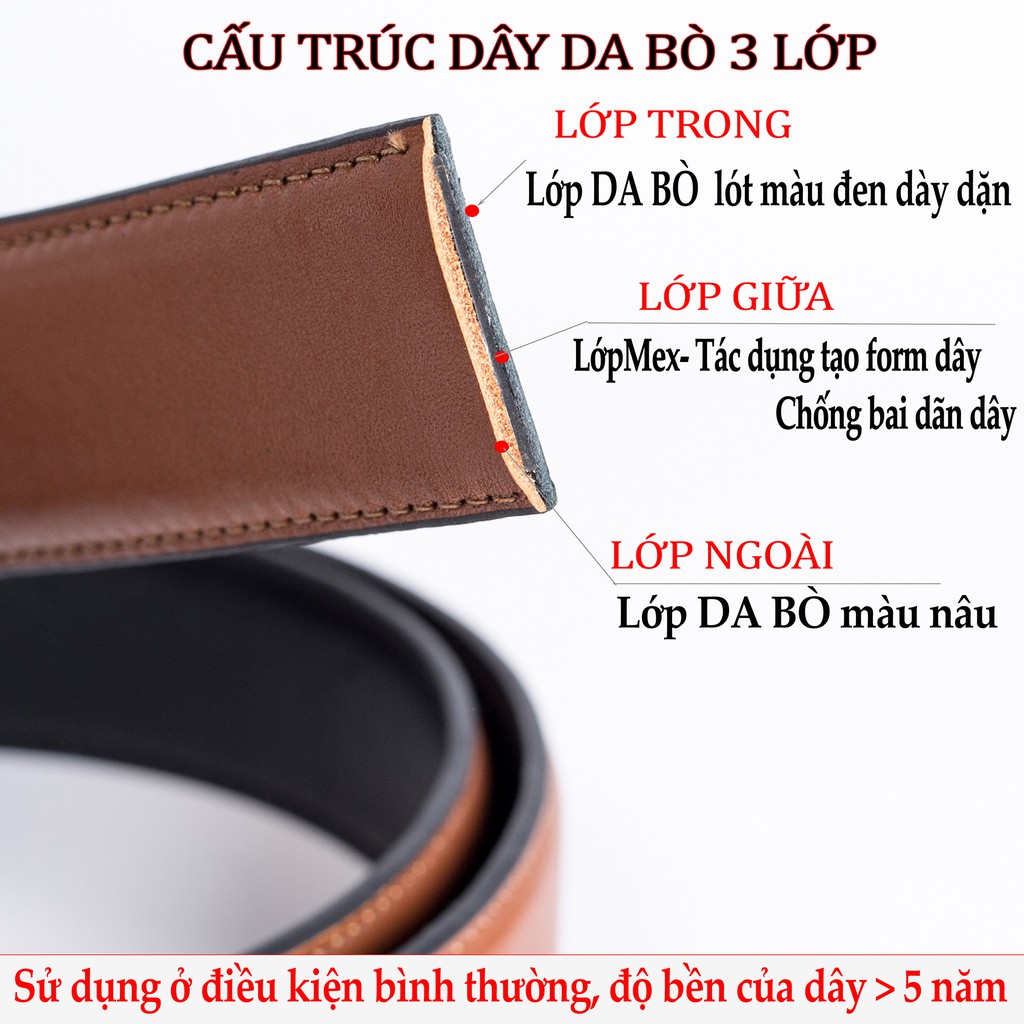 Dây nịt nam da bò cao cấp-3 lớp-màu nâu-khóa tự động nhiều mặt L105-DA THẬT-BH 24 tháng - Bụi leather