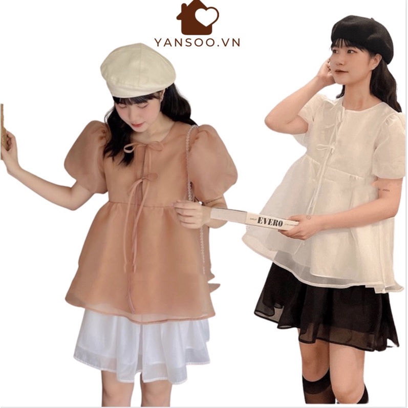 Sét áo somi tơ Hàn cổ nơ mic chân váy xoè có quần trong , sét đồ nữ thiết kế siêu đẹp by YANSOO