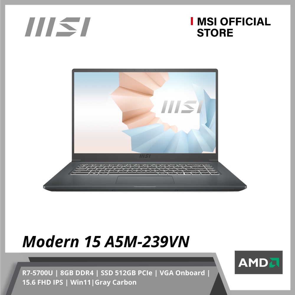 Laptop MSI Modern 15 A5M 239VN (R7-5700U | 8GB DDR4 | SSD 512GB PCIe | VGA Onboard | 15.6 FHD IPS | Win11|Gray Carbon)