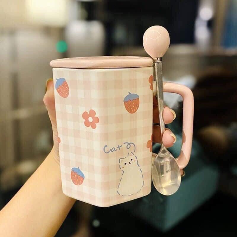 Cốc gốm sứ ngũ giác hoạ tiết dễ thương dùng uống trà, cà phê