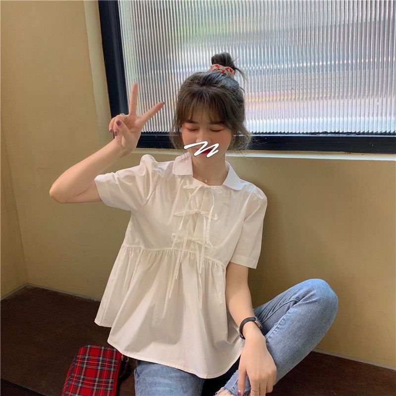 Áo Sơ Mi Tay Ngắn Dáng Rộng Màu Trơn Cột Nơ Dễ Thương Thời Trang Mùa Hè Cho Bạn Gái