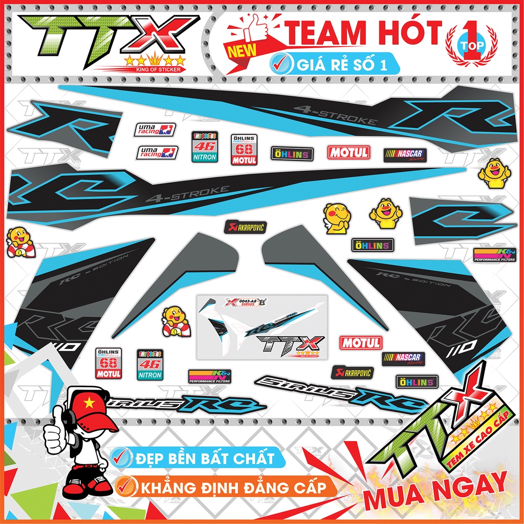 Tem rời sirius rc 110 , Team chế sirius dán xe màu đen chữ xanh siêu đẹp , Shop TTX Tem xe sirius mã
