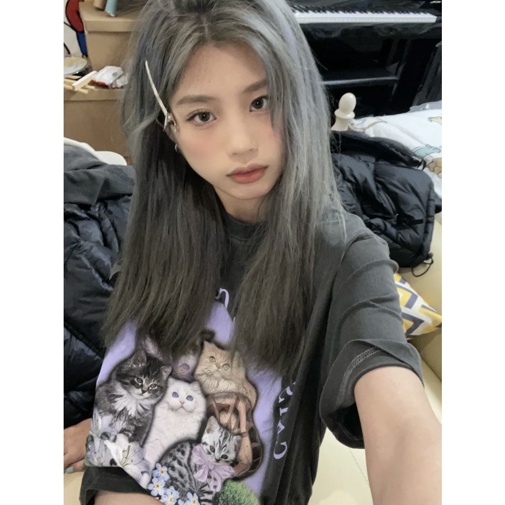 Áo Thun Tay Ngắn Cổ Tròn Form Rộng In Họa Tiết Hoạt Hình Phong Cách retro Mỹ