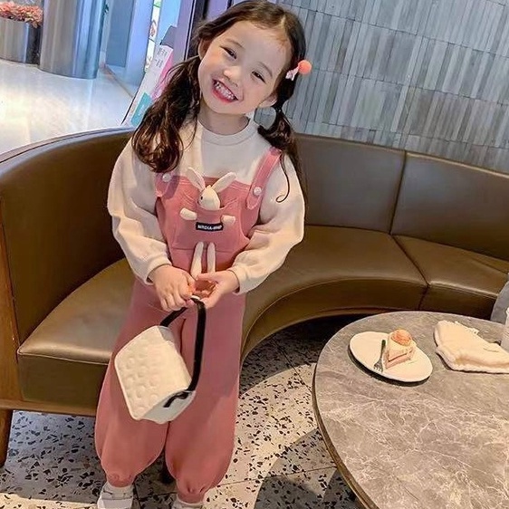 Aiyaya set Áo Thun Tay Dài Hình Thỏ Hoạt Hình 3D + Quần Dài Cho Bé Gái