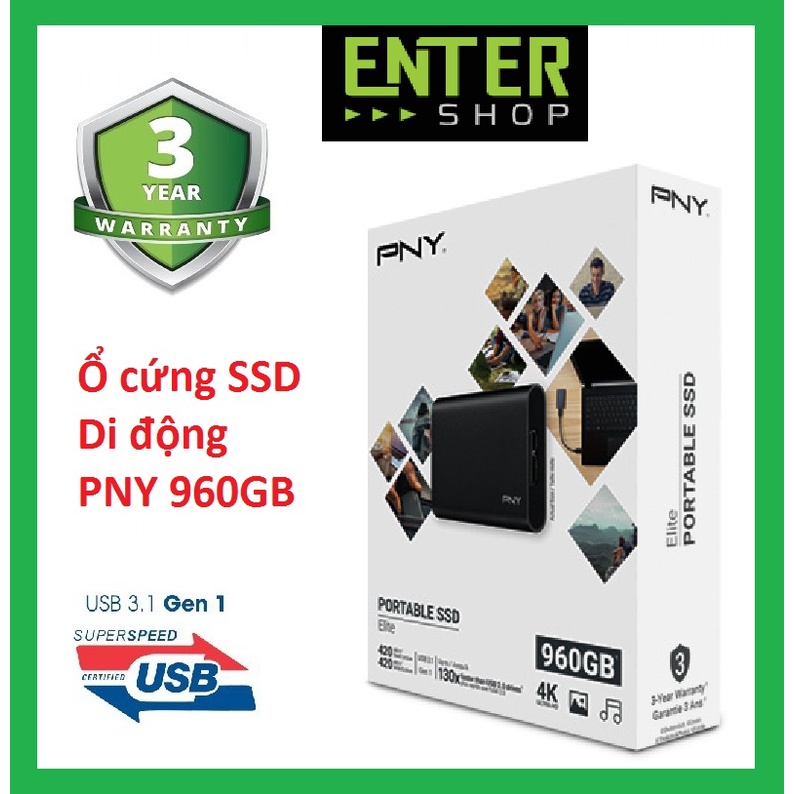 Ổ cứng SSD di động PNY Elite 960Gb Usb 3.1 gen 1 | WebRaoVat - webraovat.net.vn