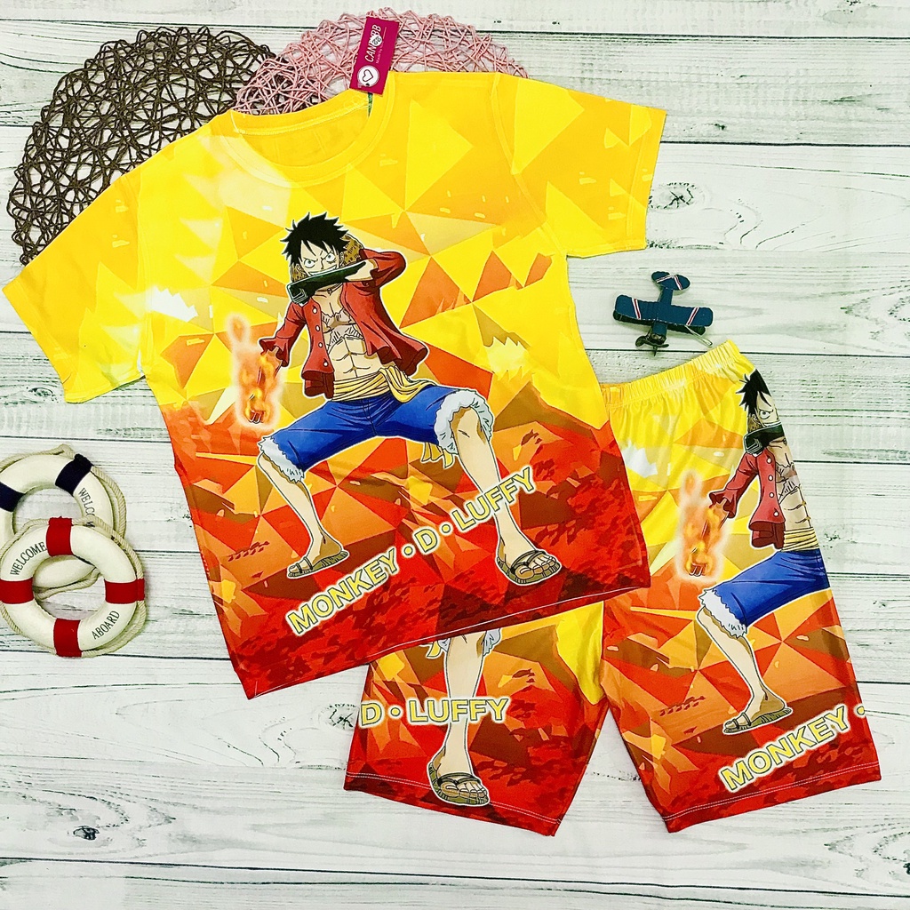 Bộ đồ thun lạnh cho bé, bộ cộc tay bé trai in hình Luffy thun mềm, mịn size đại từ 10 - 50kg