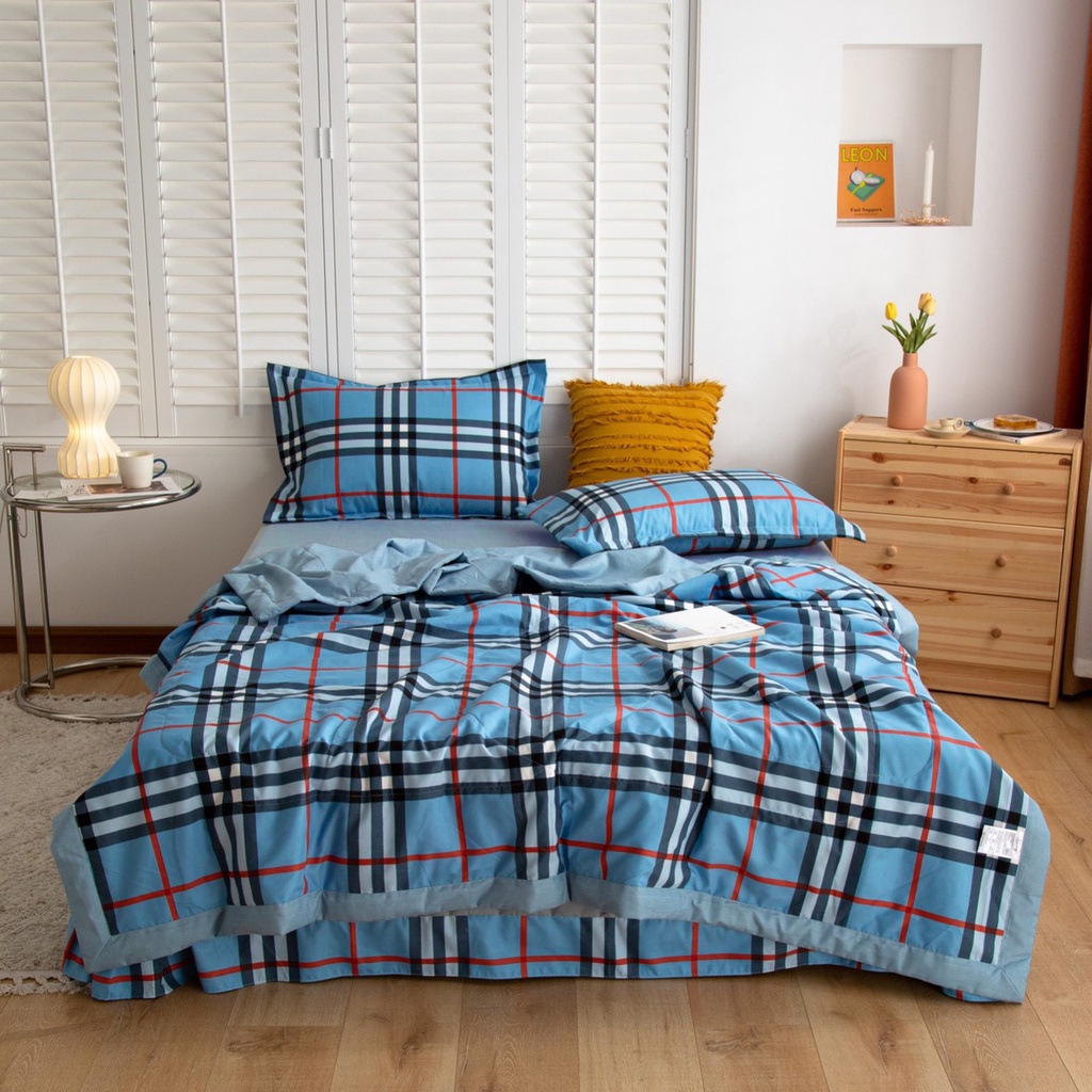 Bộ chăn ga gối BST đũi kẻ chăn trần – Set basic caro line [nhiều mẫu]