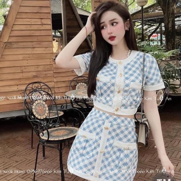 [ 𝐅𝐑𝐄𝐄 𝐒𝐇𝐈𝐏 ]  SÉT HỌA TIẾT KẺ NGẮN TAY MIX  CHÂN VÁY CÚC ĐỒNG