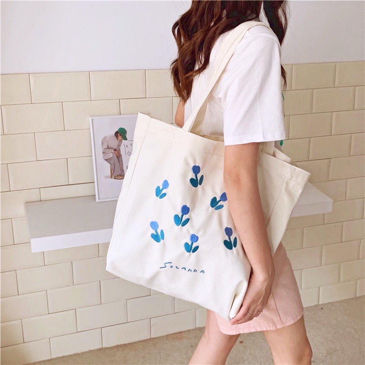 Túi Vải Canvas Thêu Hình Hoa Tulip Phong Cách Nhật Bản Mới