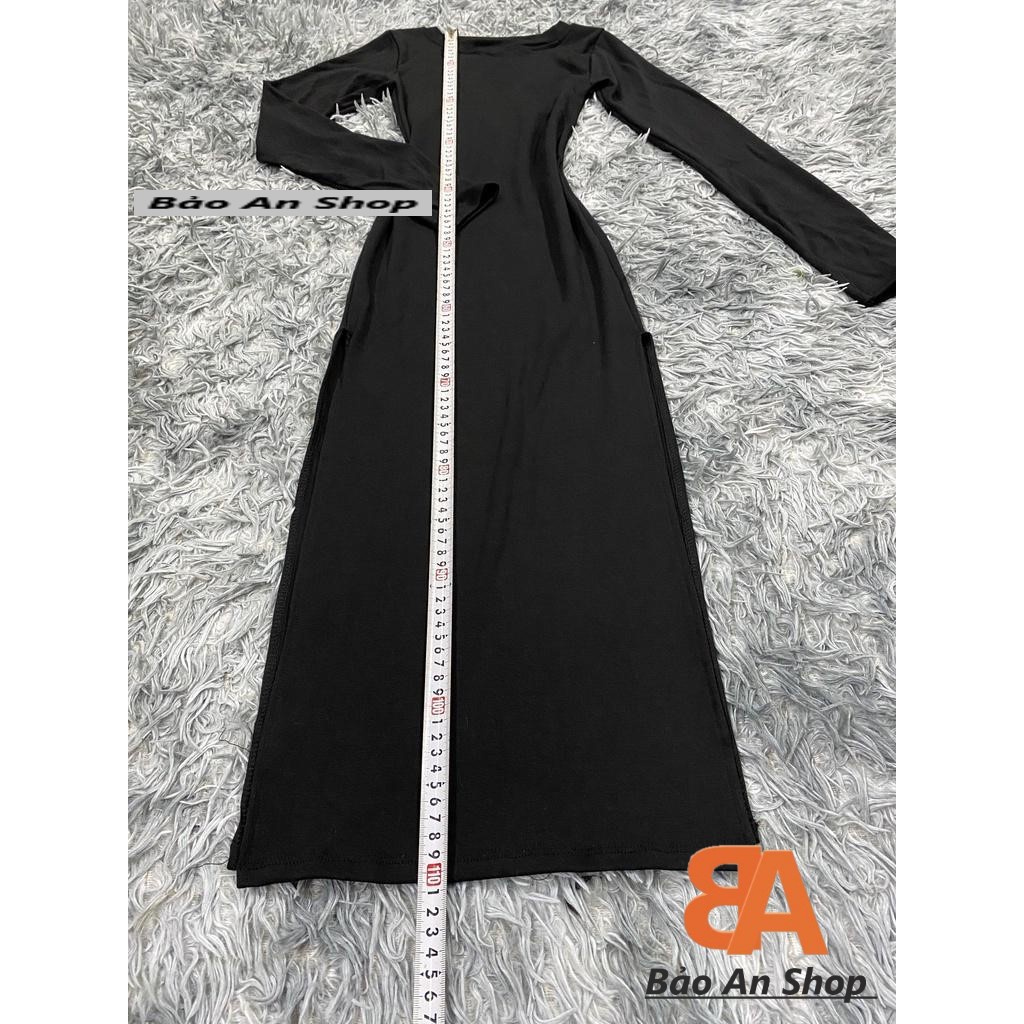 Đầm body thun gân tay dài xẻ tà