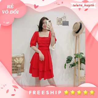 Đầm đỏ voan tầng cổ vuông tay lỡ V2T45