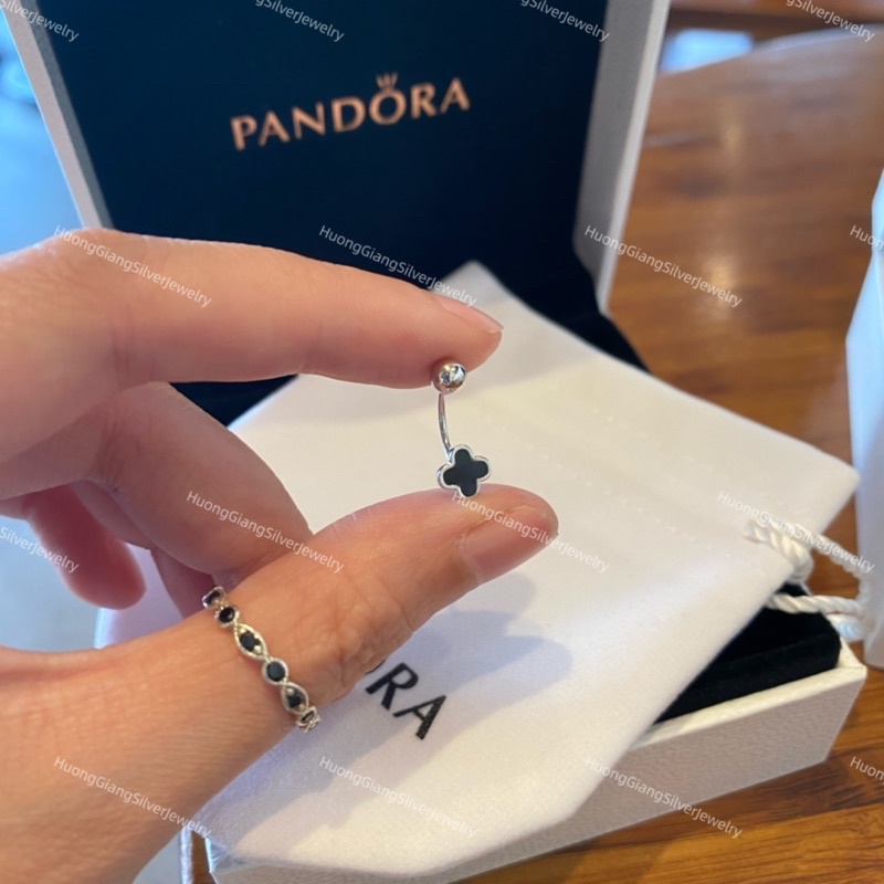 Khuyên rốn cỏ 4 lá đá đen bạc s925 xi kim 8-10mm tuỳ chỉnh - HuongGiangSilver