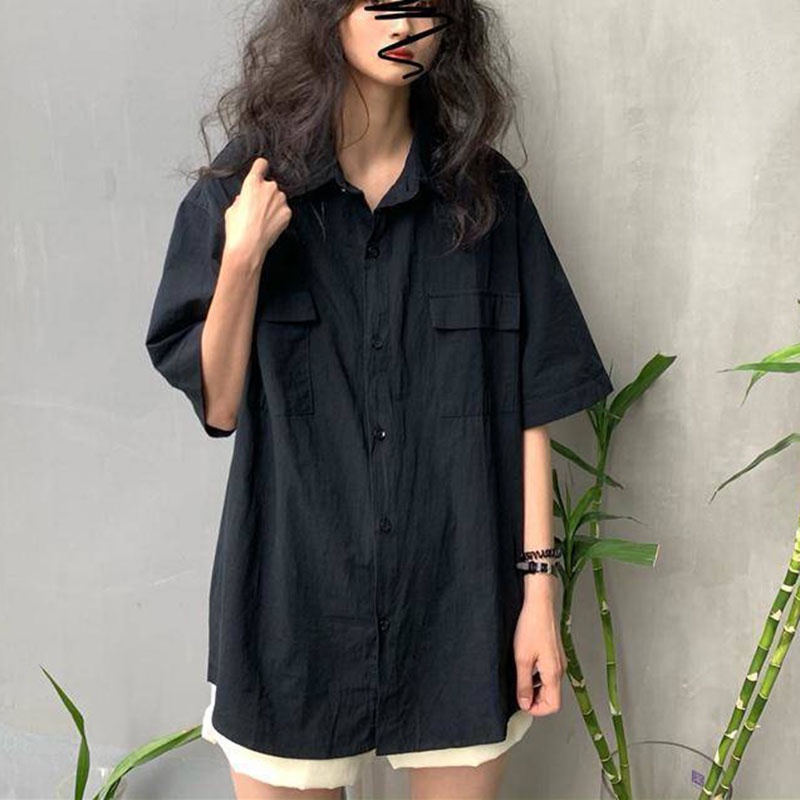 Áo sơ mi IELGY tay ngắn dáng rộng phong cách cổ điển thời trang cho nữ