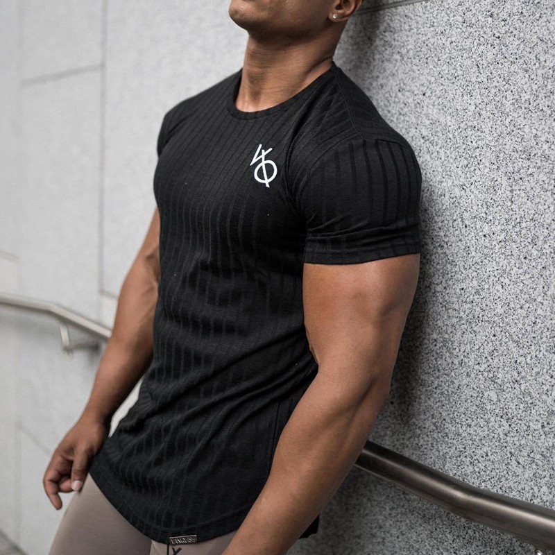 VQ Men's Cotton Sports Short-sleeved T-shirt Striped Breathable Jogging Fitness Shirt