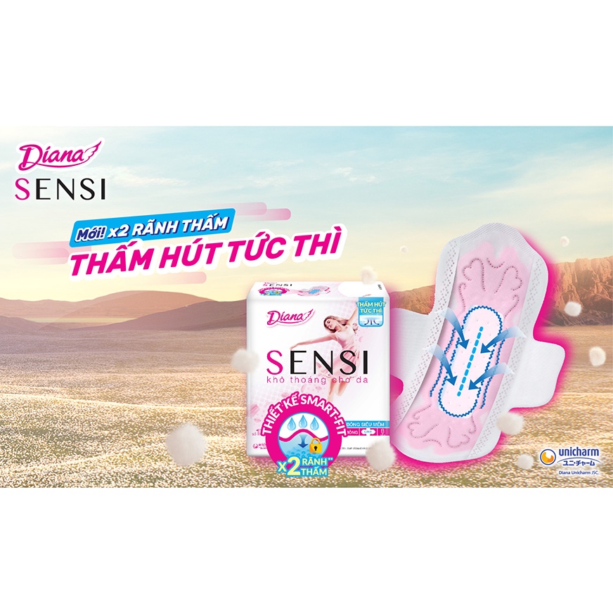 Băng vệ sinh Diana Sensi khô thoáng cho da, siêu mỏng cánh gói 8 miếng