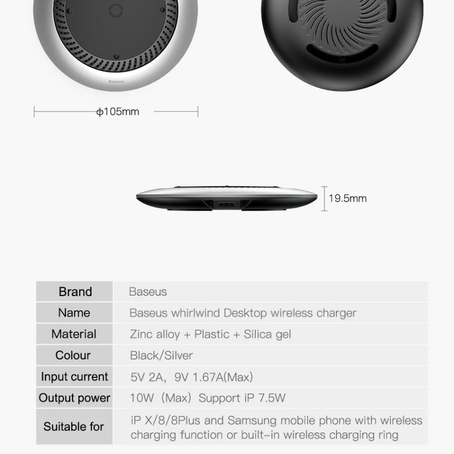 Đế sạc nhanh không dây tích hợp quạt hút tản nhiệt Baseus Whirlwind Desktop cho Apple iPhone/Samsung (Qi Wireless) LV283