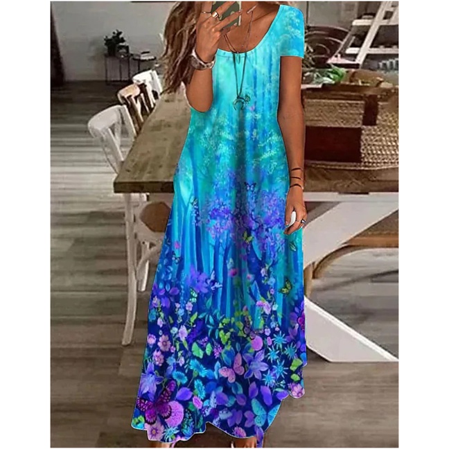 Đầm Maxi Cổ Chữ V Tay Ngắn Màu Xanh Dương/Tím/Xanh Dương Nhạt/Xanh Dương/Đen Thời Trang Xuân Hè Thanh Lịch Cho Nữ
