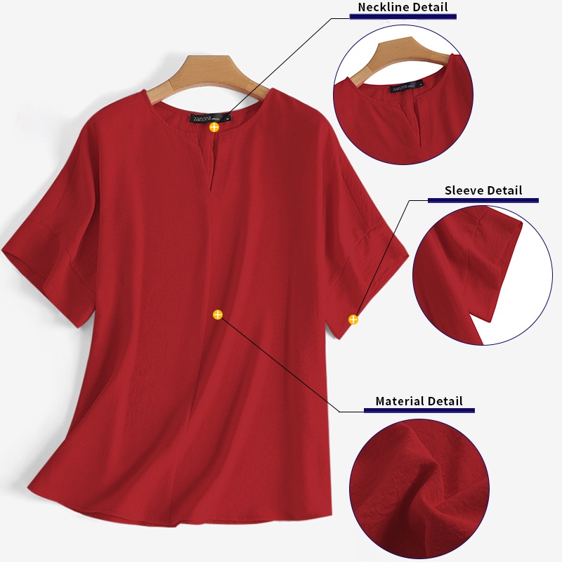 Áo Sơ Mi Nữ Tay Lửng Cổ Chữ V Màu Trơn Phong Cách Vintage ZANZEA