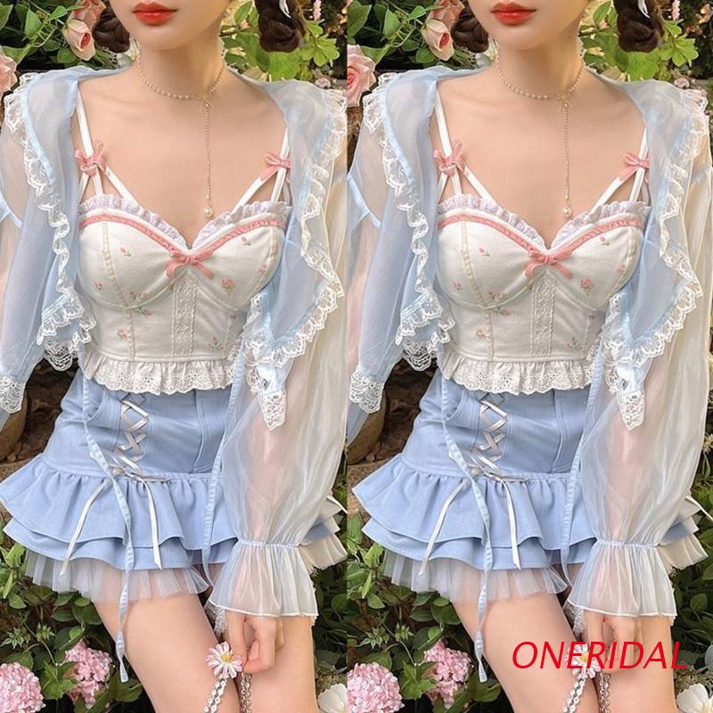 Áo Croptop Hai Dây Phối Ren Lưới In Hoa Thắt Nơ Trước Dễ Thương Dành Cho Nữ
