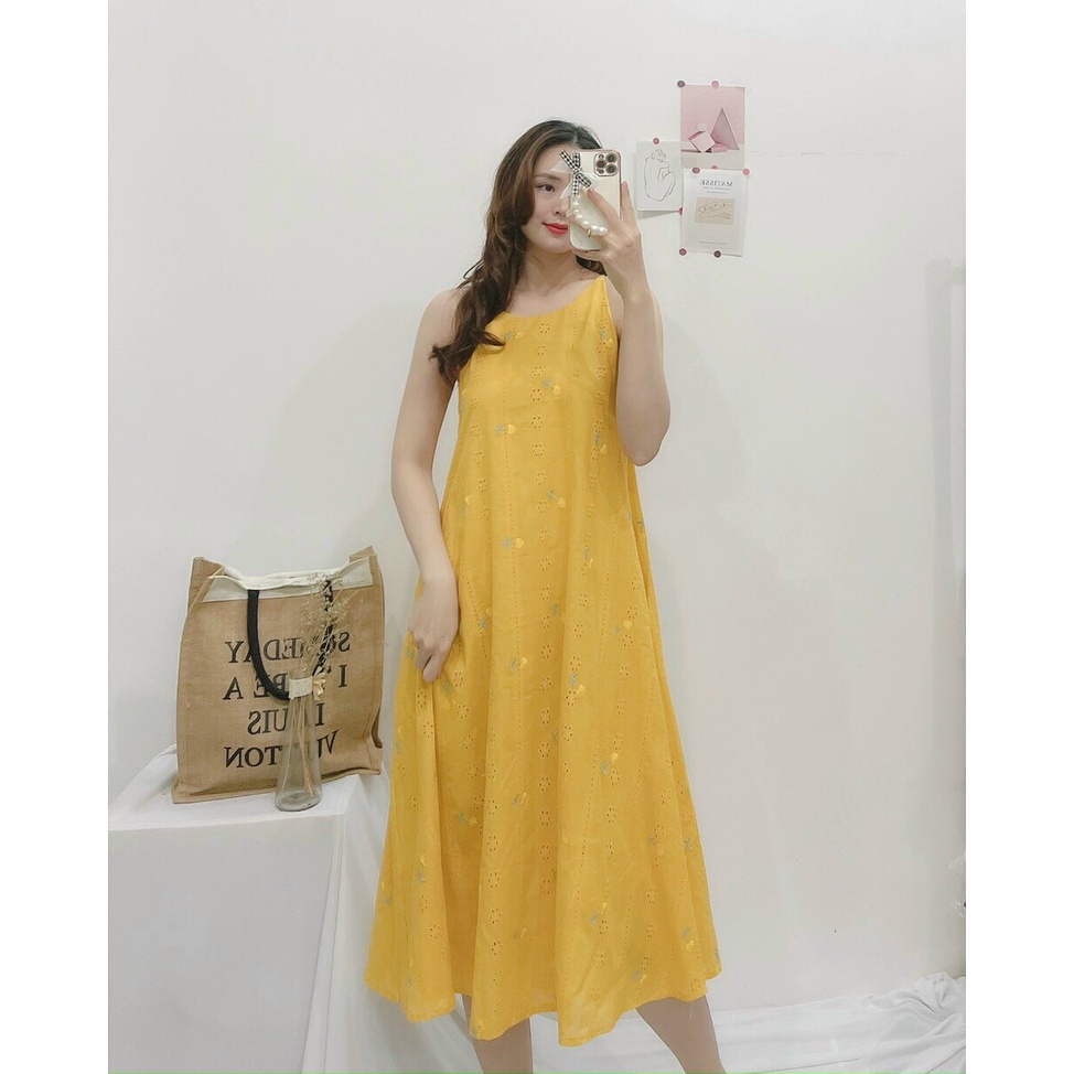 Đầm maxi form rộng, Đầm yếm dáng suông dài qua gối Cao Cấp vàng trắng thêu hoa nhí, sát nách cổ tròn - MiNhi | BigBuy360 - bigbuy360.vn