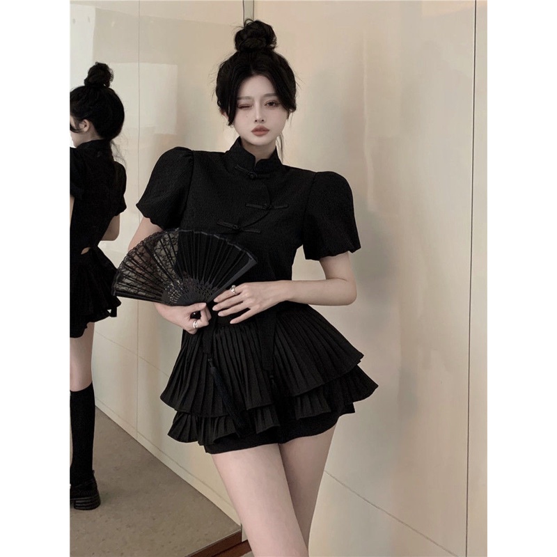 Small fresh sweet bubble sleeve top design sense female niche advanced sense super good looking small stand collar buckle shirt female RayS