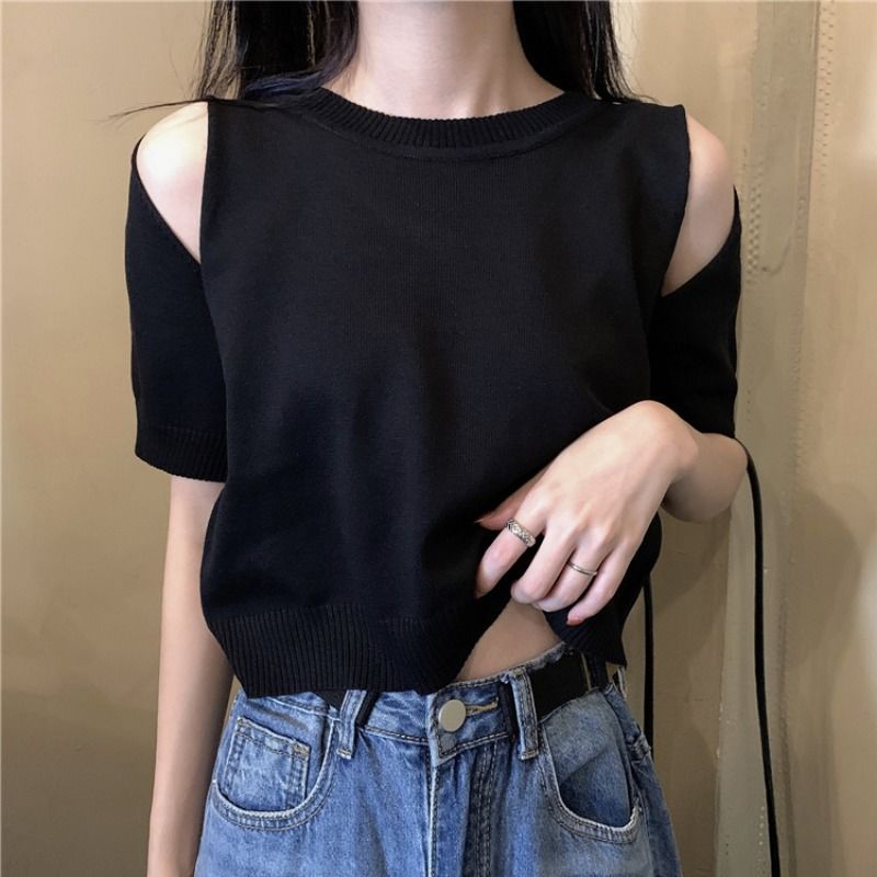 Áo thun dệt kim tay ngắn màu trắng thiết kế mới dành cho nữ 2021 | BigBuy360 - bigbuy360.vn