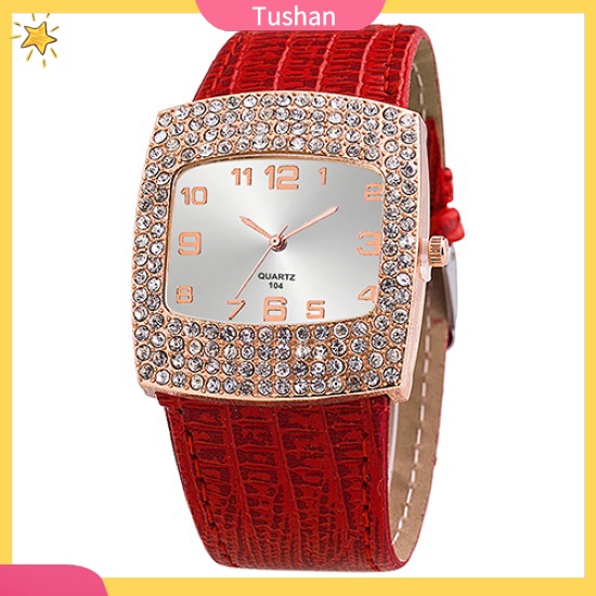 Đồng hồ mặt vuông đính đá phối dây đeo giả da cho nữ
