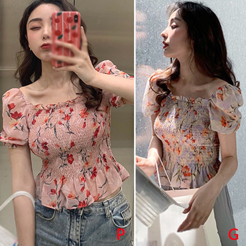 Áo Kiểu Chất Chiffon Tay Ngắn Hoạ Tiết Hoa Thiết Kế Cổ Chữ U Quyến Rũ